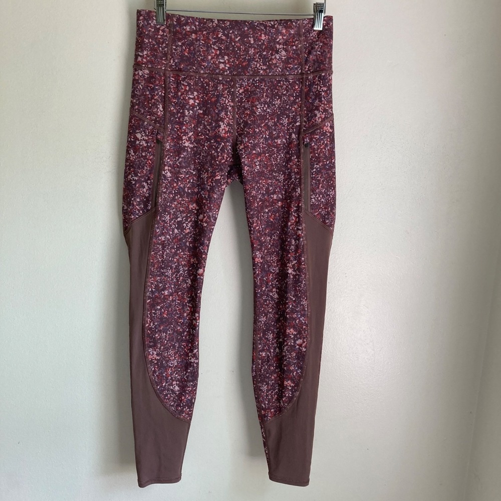 Athleta Rainier Tight Leggings Purple Speckled Print Zipper Pockets Womens M